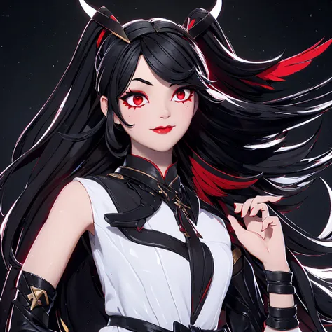 A girl with black hair with a red ribbon, black wings, a long black dress with a gold armband, white horns, black lips, and shiny red sequined shoes.