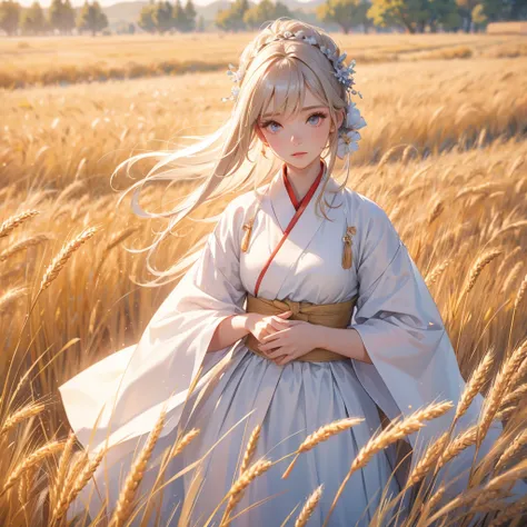 A beautiful female in white hanfu dress , Standing in the middle of a wheat field,close up.