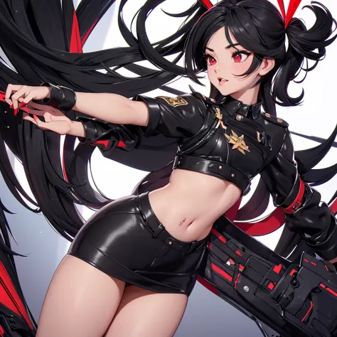 A girl with black hair with a red ribbon, black wings, a long black dress with a gold armband, white horns, black lips, and shiny red sequined shoes.