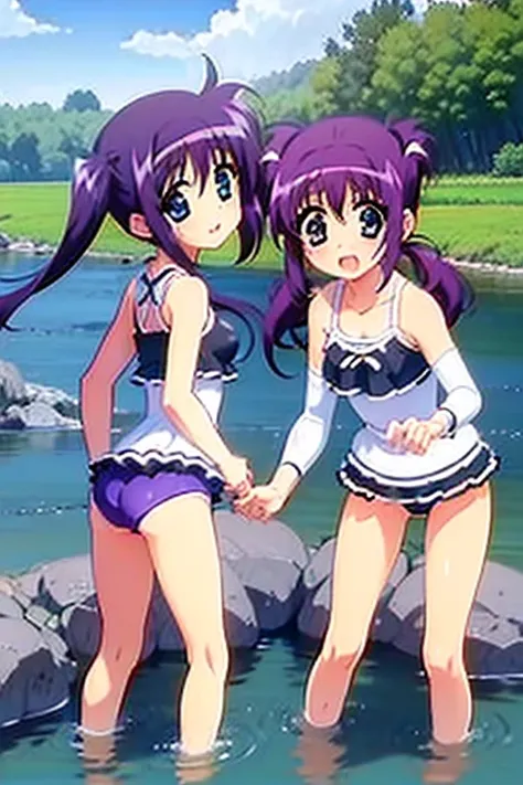 (((1girls・２girls, twin tails, river, playing in the river, swimsuit, playing)))、White ribbon