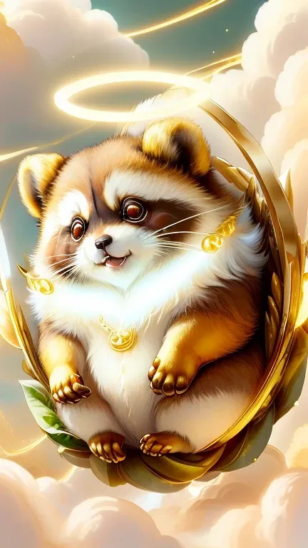 god々Cute Tanuki１animal、Small gold format、Aura of Gold,Looking into the camera、Look at this、Background gold、Floating in the clouds