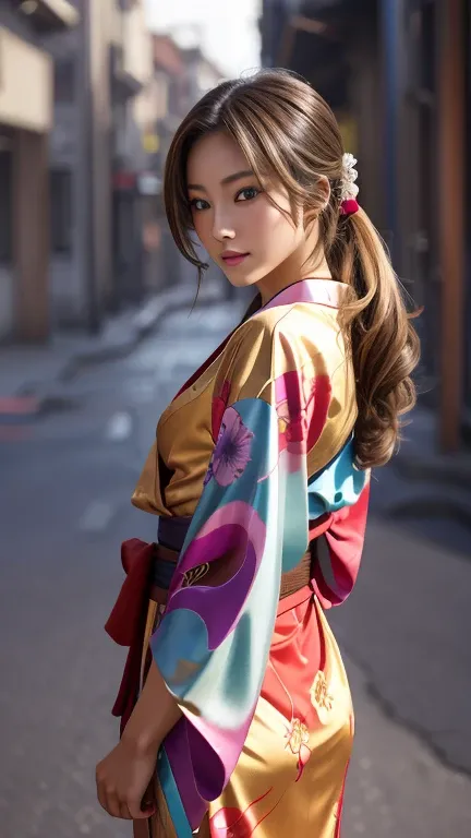 Beautiful Japanese Supermodel Women, Hair with subtle highlights, Iris, sexy，Street background，Gorgeous kimono , The liquid color runs down her face, Backlit shooting，perfect face lighting，Mixed Media,Turn right