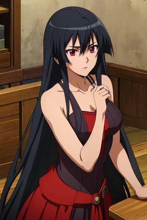 masterpiece, best quality, 1girl, solo, akame, black hair, long hair, red eyes, elegant dress, intricate details, cinematic ligh...