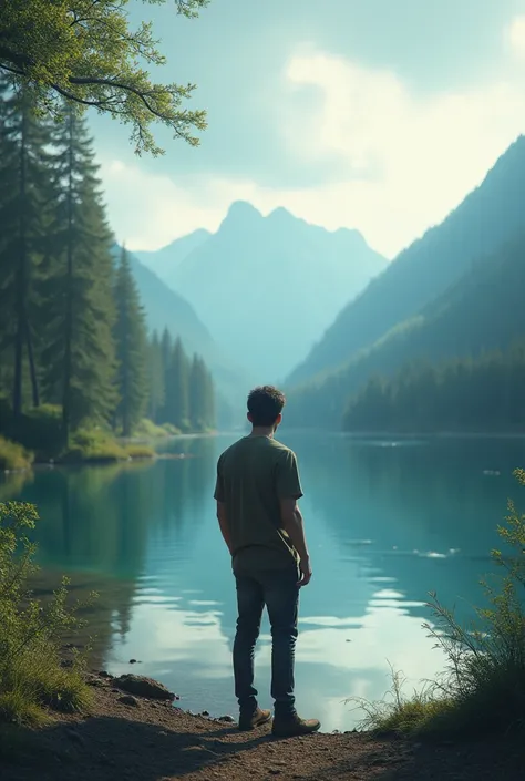 A man stands at the edge of a lake and looks on with excitement, sad, Thinks