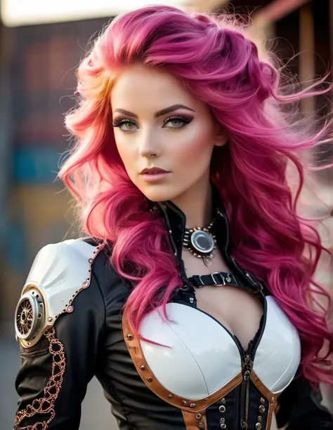 Very attractive 25 year old female with long wavy bright pink hair, Un portrait hyperréaliste d’une sublime femme royale heureuse et rayonnante conduisant une moto futuriste, motorcycle très détaillée, mototcycle futuriste de haute technologie, femme aux c...