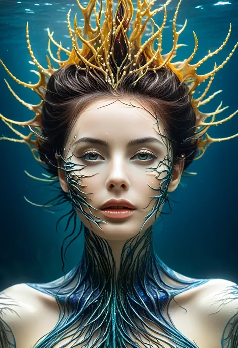 high quality, 8K Ultra HD, Surreal portrait of a stunning woman.
The Thorn Banshee of the Deep Sea，Living with the undercurrent，Dressed in seawater and thorns，The mystery of the deep sea is painted on the skin，The surreal creation technique makes her the q...