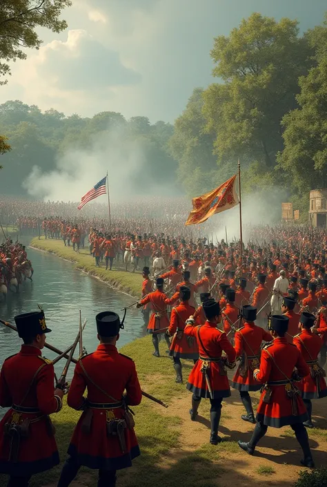 Battle of Plassey (1757):** A dramatic battlefield scene with British soldiers in red coats clashing with Indian soldiers led by Nawab Siraj-ud-Daulah, with a backdrop of dense forest and the riverbank