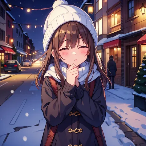 Masterpiece, best quality, high quality, 1boy, 1girl, a couple, wearing cozy sweaters and hats to keep warm. standing In the street, closed eyes, kissing, blushed faces, (Boy has Short Brown hair,), ( Girl has Long Brown hair) in the background there are p...