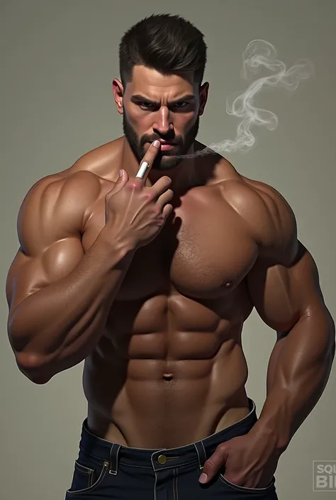 Man with six abs
 smoking cigrette 