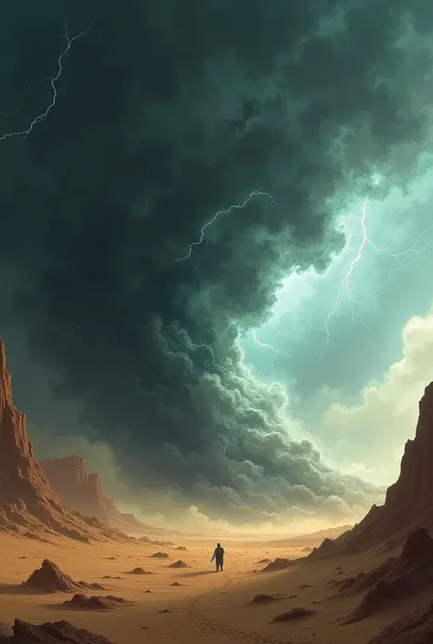 **A Raging Storm in a Desert**: Creates a scene where a massive storm, complete with lightning and swirling sand, engulfs a desert, creating an apocalyptic atmosphere.