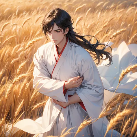 A handsome male in white hanfu dress , Standing in the middle of a wheat field, close up.