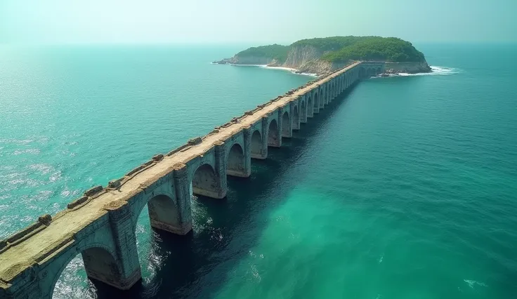 Generate realistic cinematic and 3d cartoon styles image "An aerial view of the completed Ram Setu, stretching across the turquoise waters, with small waves lapping against the ancient stone structure."