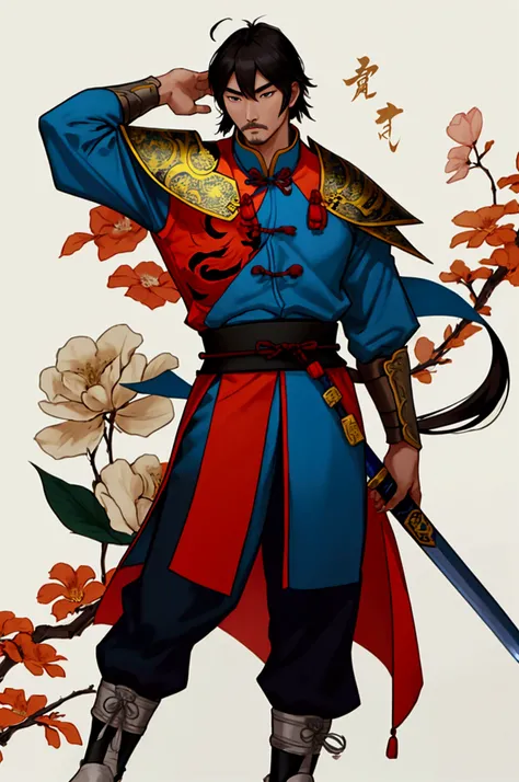 man,Chinese Warrior,holding a sword,handsome ,stand,ใส่รองเท้าChinese Warrior เห็นทั้งตัว,Cao Cao,Tall with legs and visible feet