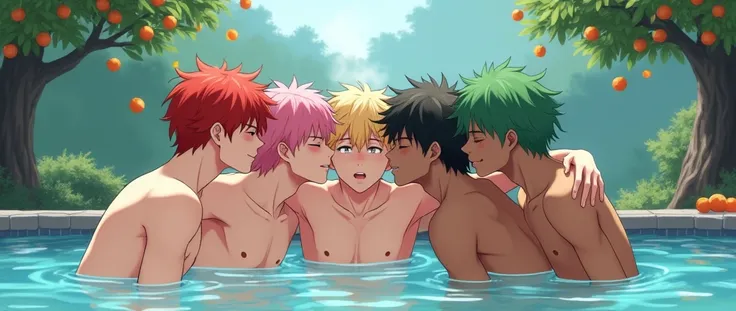 Five male teenagers are bathing in a beautiful hot spring. This spring gives a beautiful view of a forest with 2 cherry trees, one on each side, very close to where there is a tangerine tree and some are falling into the water. The water is beautiful and c...