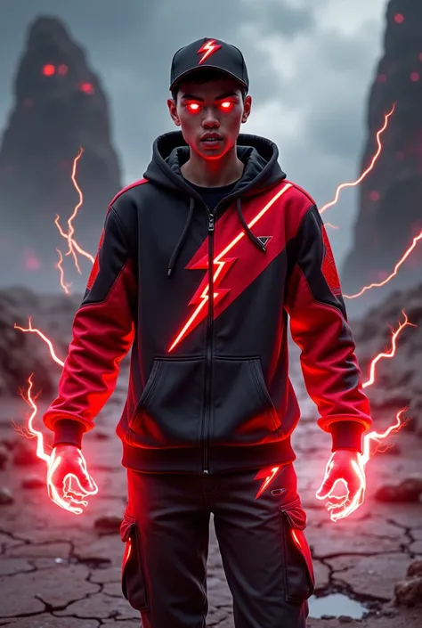 Malaysia man. real teenage age . 20 Malaysia Indonesia. (Red eyes)Glowing eyes red. Anger face. Open mouth . wearing an (black red) black red design thunder zip-up shirt. Hoodie. Black red lightning design .thunders red design shirt, (black red) red black ...