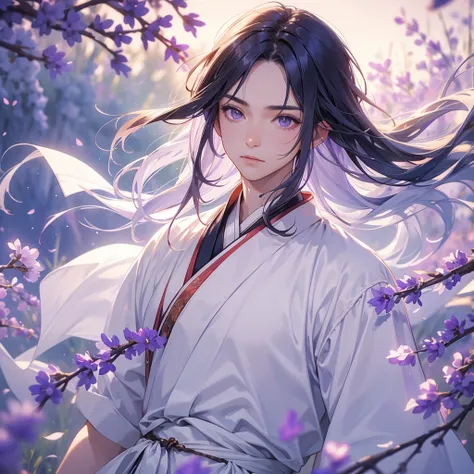 A handsome male in white hanfu dress , Standing in the middle of lavender fields, close up.