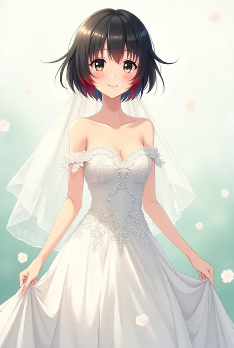 
 A girl with short black hair and red streaks smiling victoriously in anime style wearing a wedding dress,let it be white tea,black eyes,that she is very happy with a wedding dress
