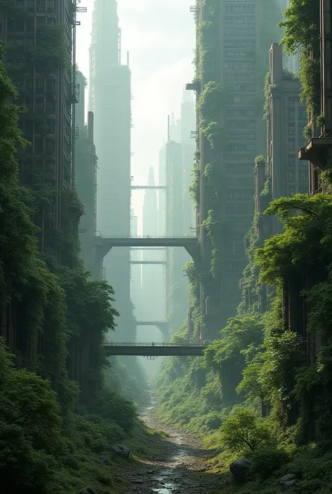 **A futuristic city in ruins**: Shows a city with partially collapsed skyscrapers, covered in vegetation, giving the impression of an environmental apocalypse.