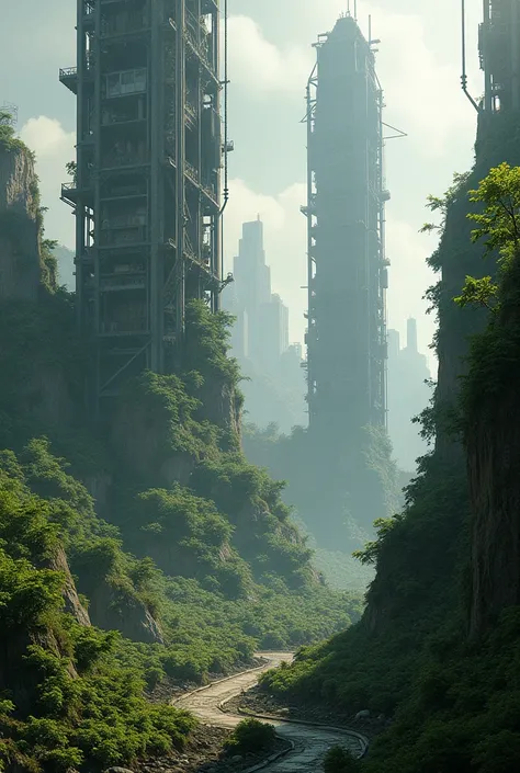 **A futuristic city in ruins**: Shows a city with partially collapsed skyscrapers, covered in vegetation, giving the impression of an environmental apocalypse.