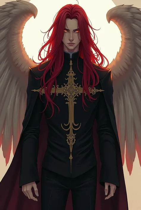 Long dark blood red haired angel . Male. Wearing priest clothes. Skinny. (Manga)