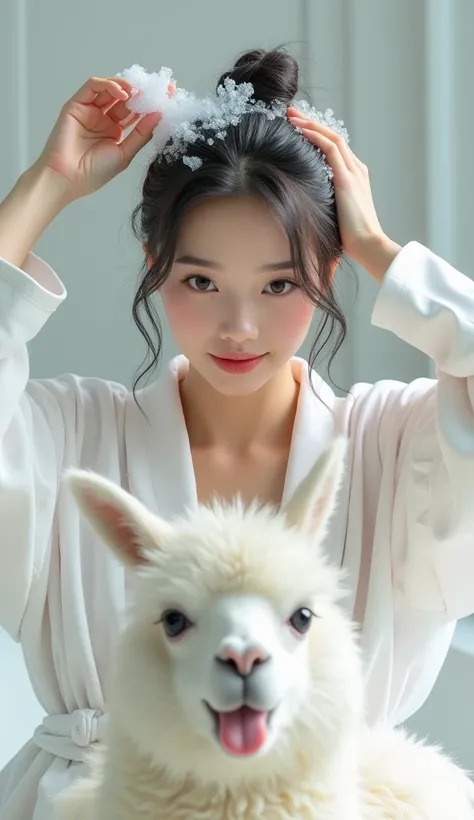 Create an Asian beauty，Standing on the ground，Hair in a bun，Beautiful beautiful big eyes，Regular facial features，Wearing a white satin bathrobe，Scratch your scalp with both hands，Two hands washing hair on top of head，There is a lot of real white foam and w...