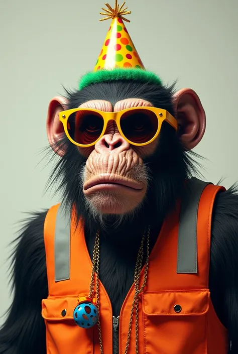 Ape that looks crazy, wearing safety water vest and party hat with crazy sunglasses