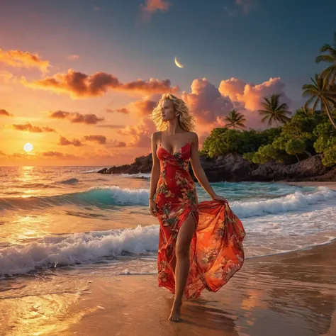 A beautiful tropical island, warm sunset, red clouds, golden reflexions on the sea, waves breaking on a reef, a small blue moon is above, (best quality, 4k, 8k,highres,masterpiece:1.2),ultra-detailed,(realistic,photorealistic,photo-realistic:1.37),HD,sky1,...