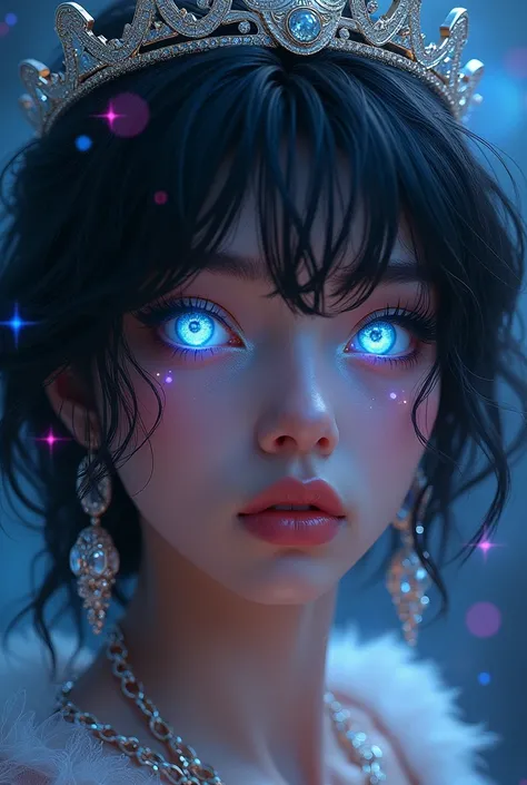 (Close-up of a better masterpiece:1.5)0.9], (Space and Baba khatu shyam:1.2) (Messy black hair:1.1) (Heterochromia xanthochromia and blue eyes:1.2) (silver crown:1.0) (Colored stars in the eyes:1.0) (A radiant glow:1.1) (thick lips:0.9)