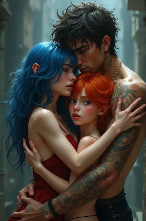 A girl with long blue hair, rough in appearance, high,A high boy with messy black hair medium and high intimidating appearance,tattoos, Both smiling and in the middle of them they hug and look lasciviously at a beautiful and innocent girl with orange hair,...