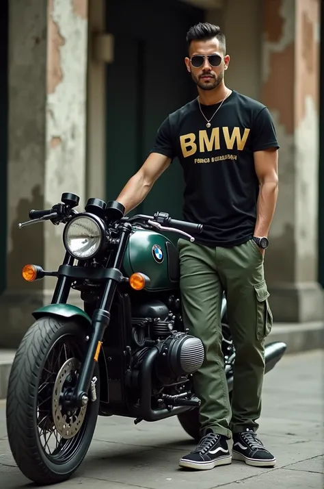 Brown skinned Indonesian man wearing sunglasses, with army hairstyle, he stands next to a black 1966 classic bmw motorcycle, He was wearing a black t-shirt with the letters MV written in gold., wearing army green cargo pants, wearing vans of the wall shoes...