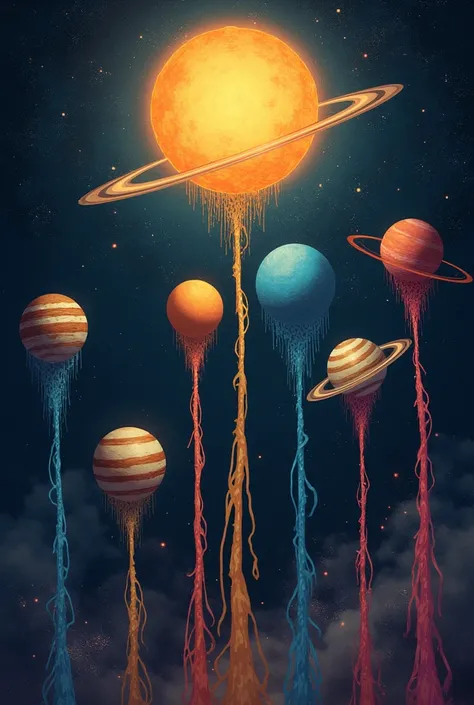 solar system, in which each planet is tied to the sun with colored ropes