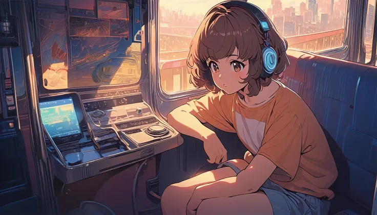 (extremely detailed CG unity 8k wallpaper), (best quality), (best illustration), (best shadow), realistic lighting, beautiful detailed reglow, masterpiece, best quality, lofi artstyle, lofi art, 80s anime style, Retro, Lo-Fi, 1girl, solo, short hair, brown...