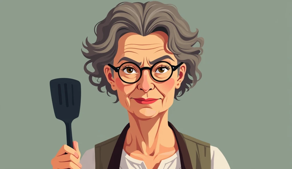 Old woman,brown hair,aunt look,front view,holding spatula,strict face,round glasses,flat color