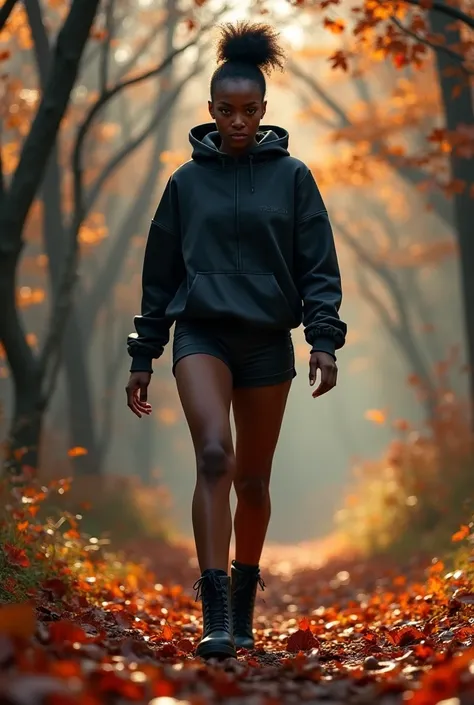 Black woman wearing leather short shorts up in crack black hoodie hair in a bun black leather boots walking in the woods fall time Halloween 