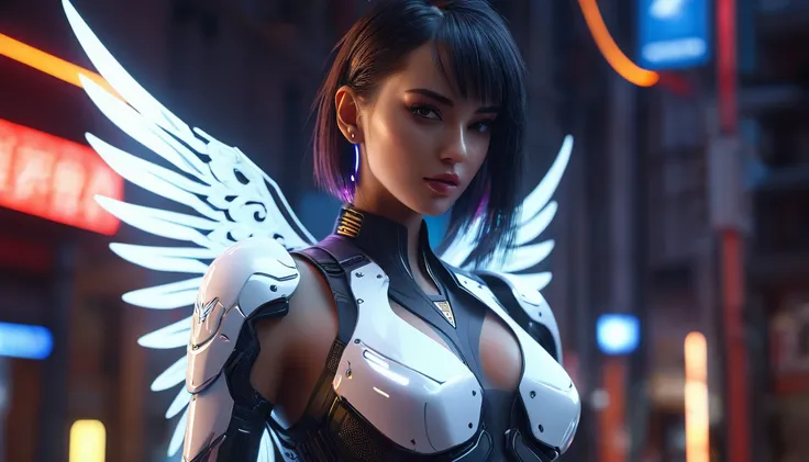 A  with wings, like an angel, a point of bright light in the sky, fantastic,cyberpunk girl seductive pose leds light and shadow, ultra-realistic, 16K. 3D style, , Octane render, ray tracing, depth of field, super detail, cyberpunk girl seductive pose leds ...