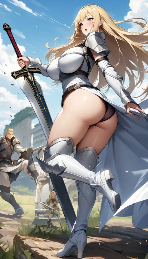 Ultra-high definition image quality、beautiful girl、Female Swordsman、Light Armor、Griepputz、Long Hair、blonde、20-year-old、Be confident々face、Very short tight skirt、Sexy posture、Cowgirl、wilderness、Highest quality,Big Ass、Big Breasts、Thighs、Grasping the hilt of ...