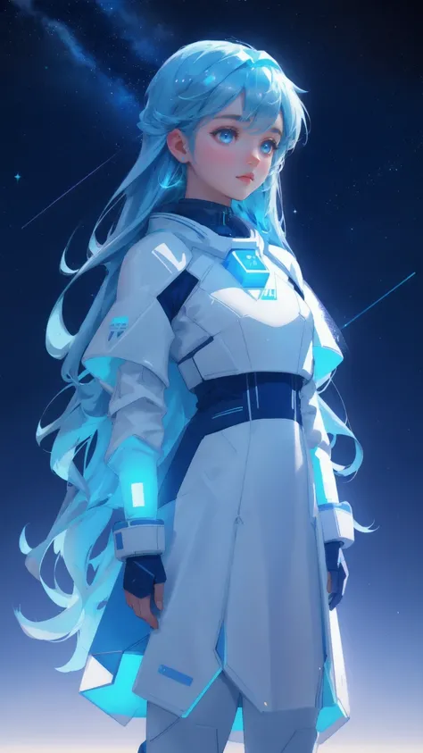 A beautiful, cute girl in a space explorer suit stands confidently on a frosty blue planet, with a trail of glowing cubes leading her towards a distant, blue-lit horizon. The sky above her is filled with geometric constellations and cosmic patterns, all se...