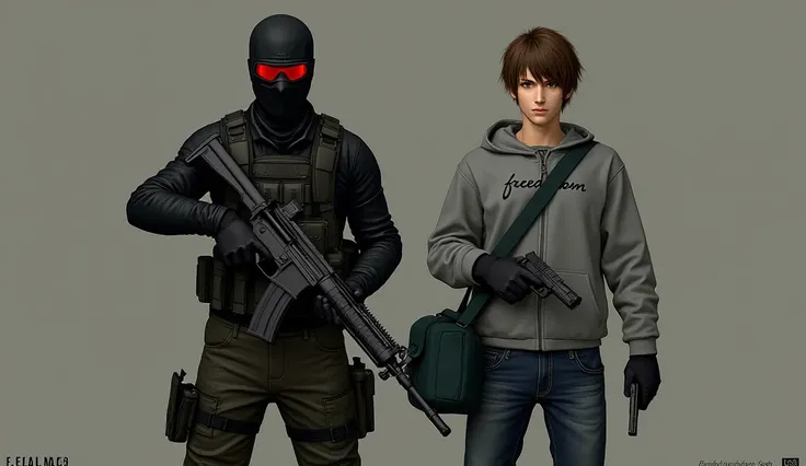 F.E.A.R. operative wearing black tactical balaclava and red googles holding assault rifle and standing with a guy holding a pistol with black shaggy hair, and brown eyes. His attire typically consists of a grey hoodie that features the word “freedom” writt...