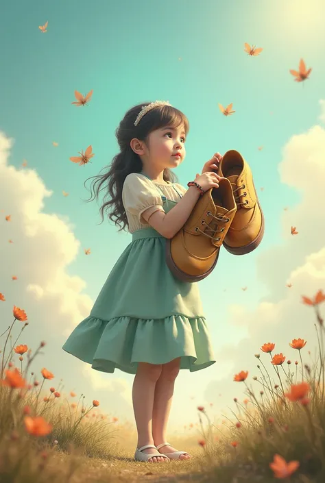 Generate a book cover page for my story featuring a girl holding a Big Shoes (put the photo at the right part because i meed a space to put the TITLE)