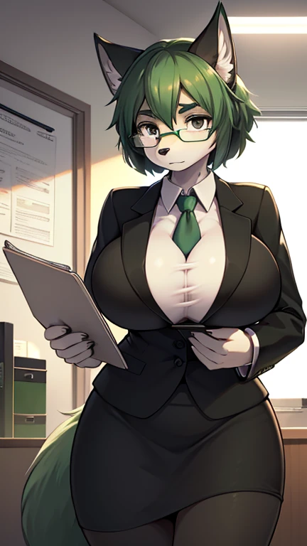 best quality, best resolution, (fluffy anthro furry), wolf woman, tall, short dark green hair, black eyes, light green fur, glasses, big breast, serious demeanor, (office suit with skirt), office, standing, holding a clipboard 