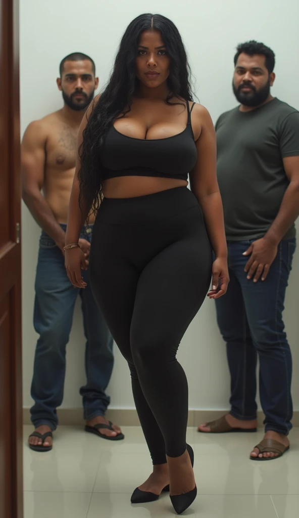 hot slim curvy white south indian milf with long single plaited hairstyle, big breast, big hip, very big ass, thick thighs, woman wearing crop top and leggings, bending foward, sexy pose, group of black man standing back of woman, in white blank room,