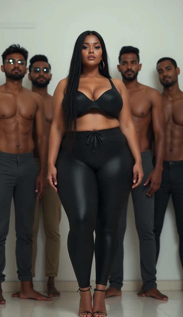 hot slim curvy white south indian milf with long single plaited hairstyle, big breast, big hip, very big ass, thick thighs, woman wearing crop top and leggings, bending foward, sexy pose, group of black man standing back of woman, in white blank room,