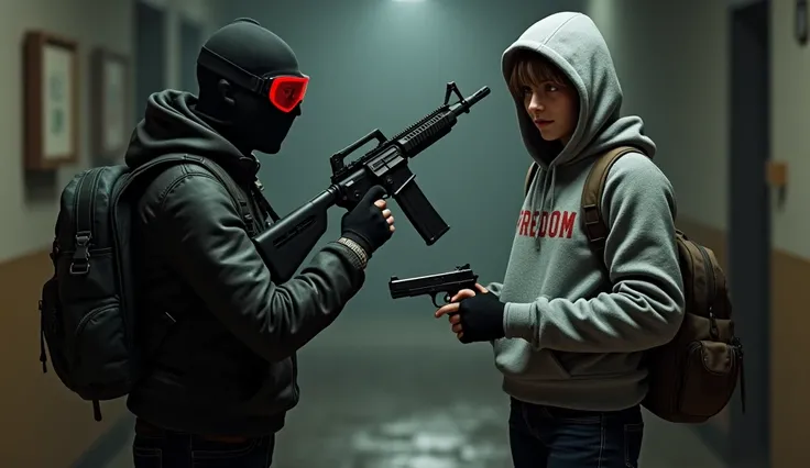 F.E.A.R. operative wearing black tactical balaclava and red googles holding assault rifle and standing with a guy holding a pistol and wearing a hood with black shaggy hair, and brown eyes. His attire typically consists of a grey hoodie that features the w...