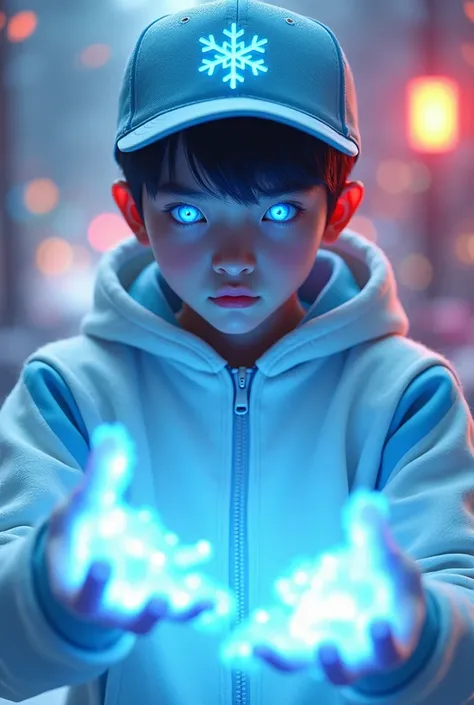 a young real teenage age . 17 Malaysia Indonesia.(Blue eyes) Glowing eyes. . wearing an (white light blue ) zip-up shirt, (white light blue ) cap with small light blue (snowflake) logo. Enger face . Dramatic. White hoodie., detailed face, cinematic lightin...