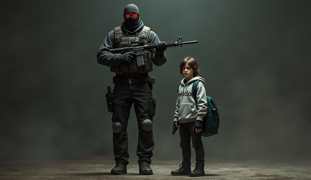 tall F.E.A.R. operative wearing black tactical balaclava and red googles holding assault rifle and standing with a boy holding a pistol and wearing a hood with black shaggy hair, and brown eyes. His attire typically consists of a grey hoodie that features ...