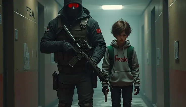 tall F.E.A.R. operative wearing black tactical balaclava and red googles holding assault rifle and standing with a boy holding a pistol and wearing a hood with black shaggy hair, and brown eyes. His attire typically consists of a grey hoodie that features ...