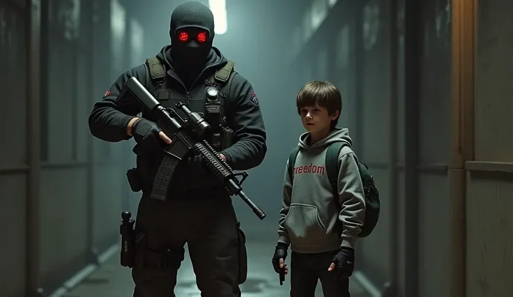 tall F.E.A.R. operative wearing black tactical balaclava and red googles holding assault rifle and standing with a boy holding a pistol and wearing a hood with black shaggy hair, and brown eyes. His attire typically consists of a grey hoodie that features ...