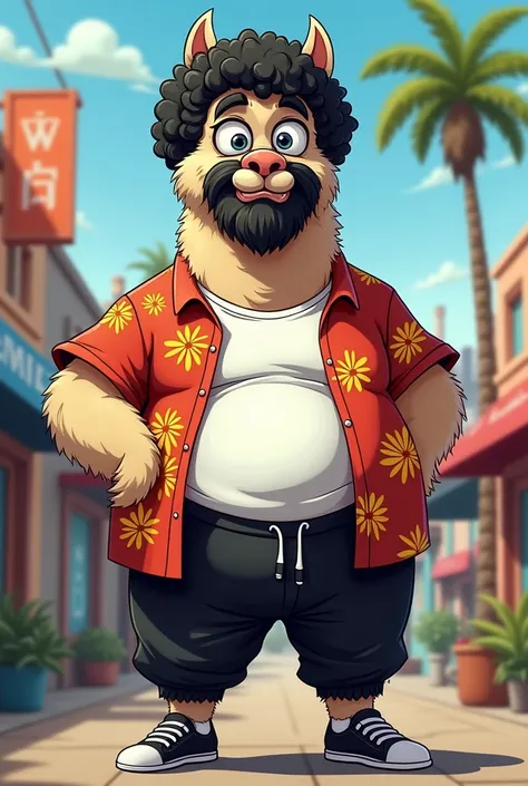 Cartoon alpaca dressed as WWE wrestling manager Capt Lou Albano. 

Cartoon alpaca head. Cartoon alpaca hands. Cartoon Alpaca body.

Curly black afro. Black mustache .  Grey Ponytailed beard. Pudgy, open Hawaiian shirt. White T-shirt. Black sweat pants. Bla...