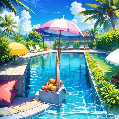 buzzer，Cool，posters，fruit，swimming pool，Cool，refrigerator，Old wives buzzer，Swimming ring，Sun umbrella，bird&#39;s-eye view，Pleasantly surprised，Sunny Beach，No characters。Illustration style，Remove the middle parasol，Add more fruit，Removing Birds，