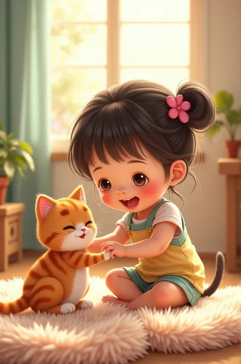 A cute girl playing with cat